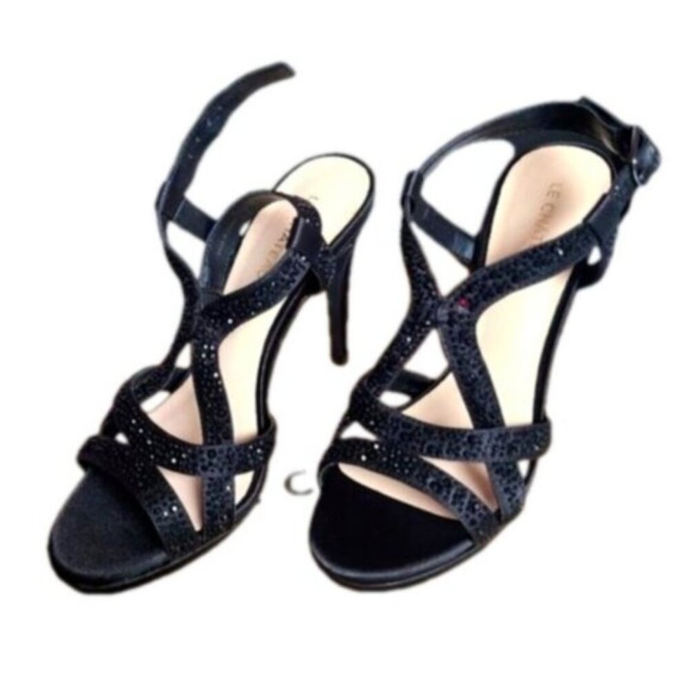 Le Chateau Strappy Black Glitter Sandals Stiletto Heels size 6
